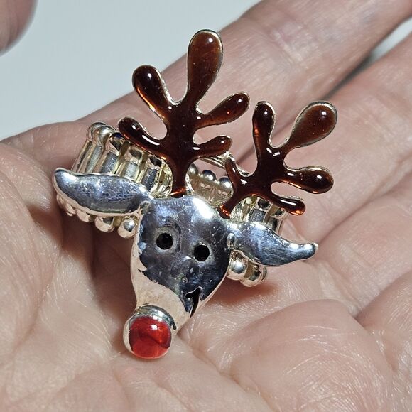 Unbranded Jewelry - Silver Tone Brown Red Enamel Black Rhinestone Rudolph Stretch Ring